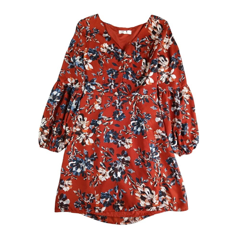 Jack by BB Dakota Dress Womens 0 Orange Knee Length Long Sleeve Floral V Neck